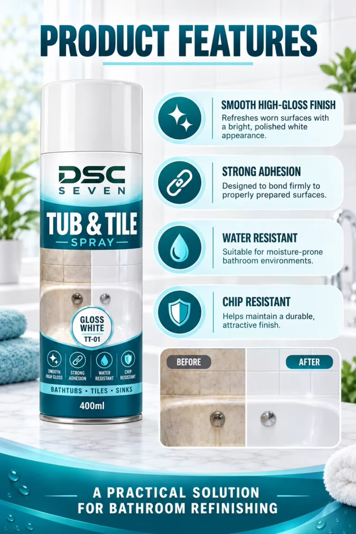 Acrylic Chip Resistant Tub and Tile Spray Paint Gloss White Strong Adhesion Water Resistant Aerosol Bathtub Tile Sink 400ml