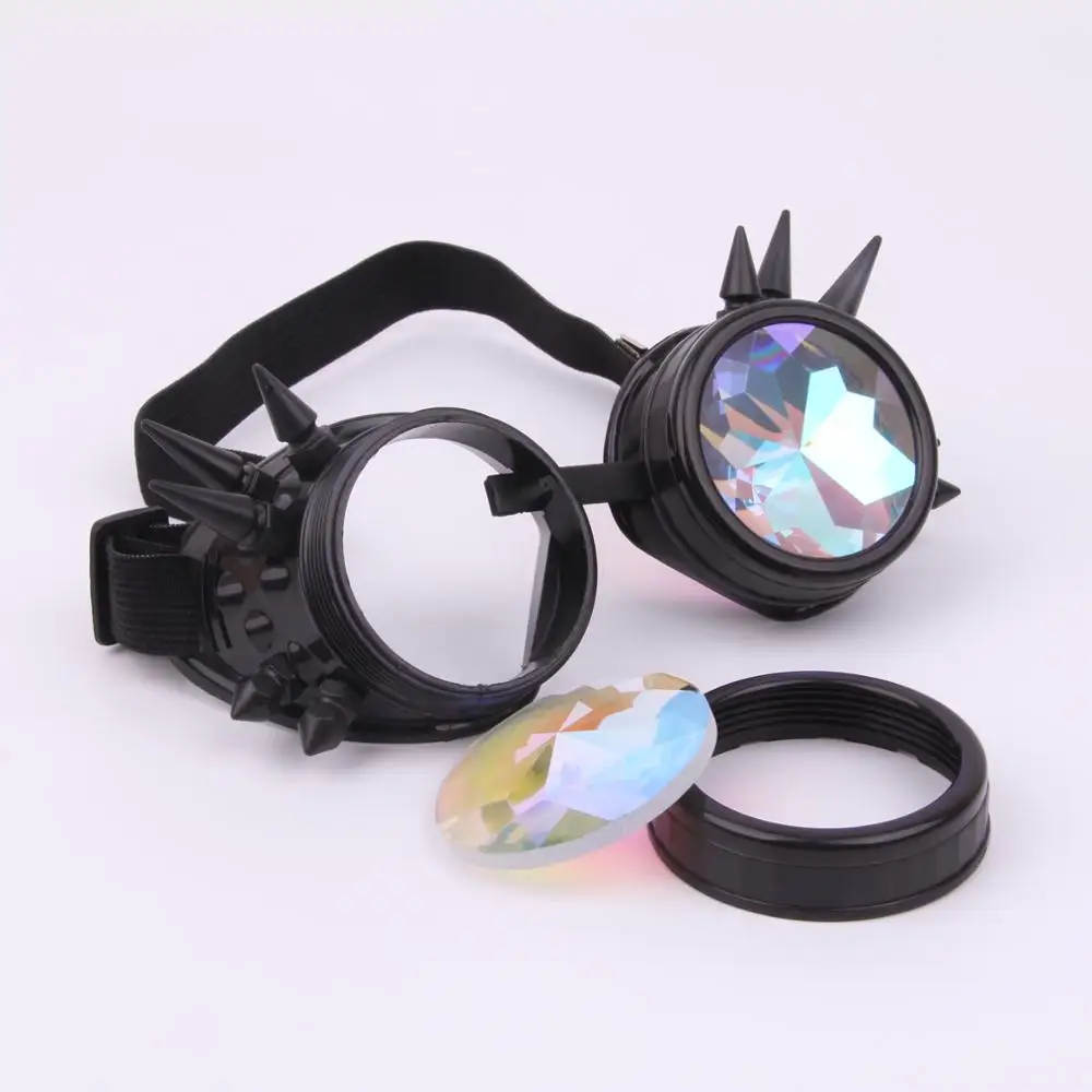 

Steampunk goggles with Crystal lenses, PC frame OEM round glasses kaleidoscope goggles, As picture