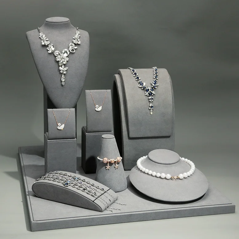 

High End Customized Bracelet Necklace Ring Earring Holder Microfiber Gray Jewelry Display Stand Sets Luxury for Showcase Store, Customized color