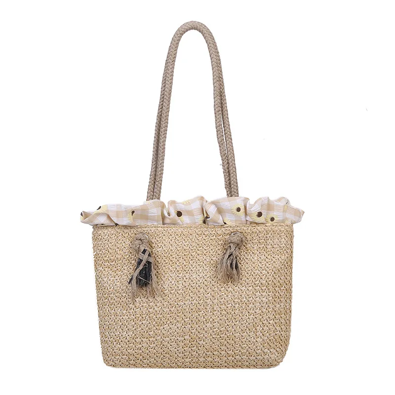 

New summer straw woven large-capacity tote bag ins hand single-shoulder big bag, Black and white