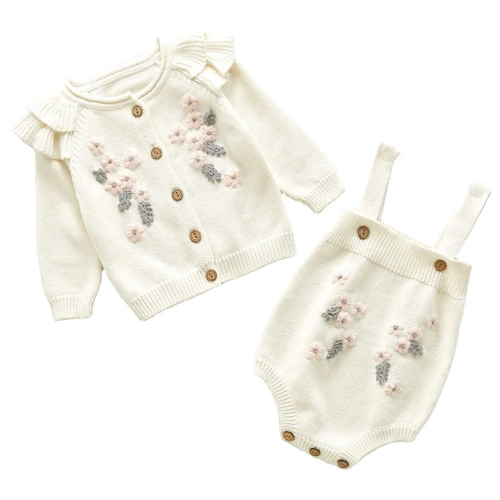 

Kids spring set 2pcs clothes set newborn baby rompers embroidery flower floral cardigan knitted sweaters