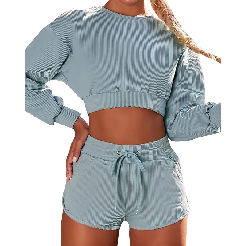 

2021 New Solid Color Cotton Round Neck Long Sleeve Drawstring Casual Sweater Sports Jogging Women Two Piece Short Suit, Picture