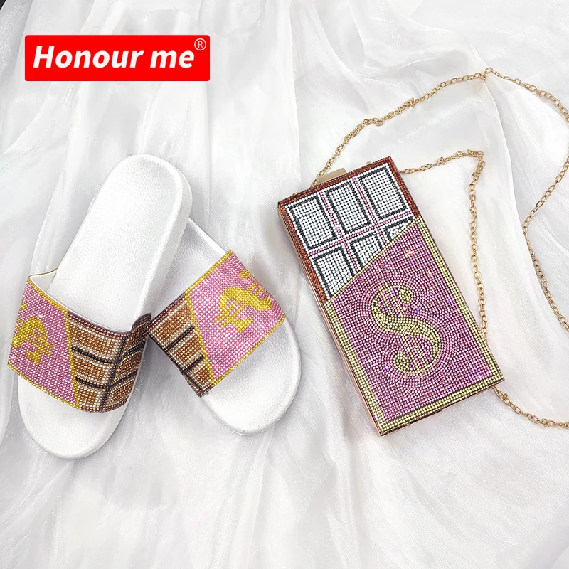 

New Style sandals Diamond Dollar Slides Matching Rhinestone Bag Women Money Bag And Slippers Diamonds Clutch Purse Set