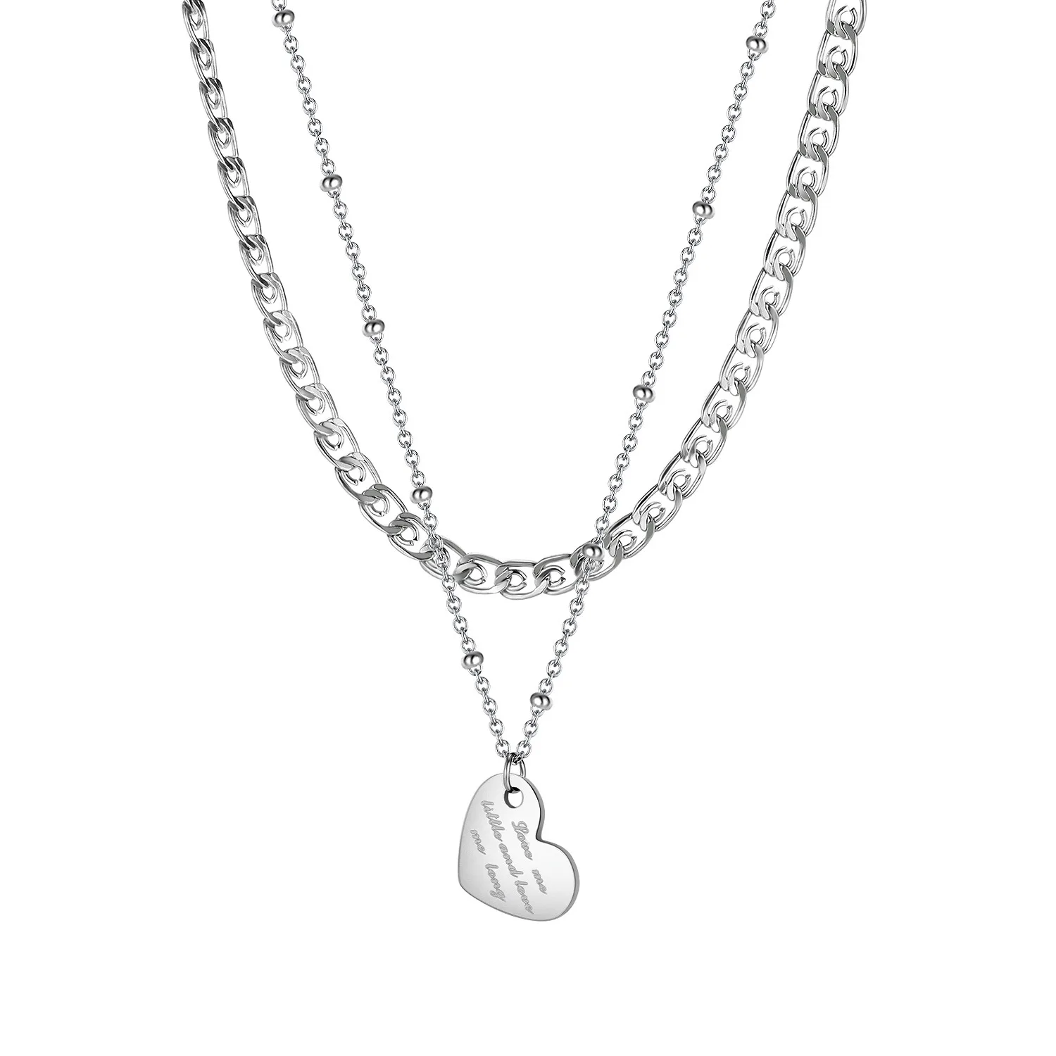 

2021 Fashion new trendy two layered stainless steel cuban link chain love heart pendant choker necklace for women