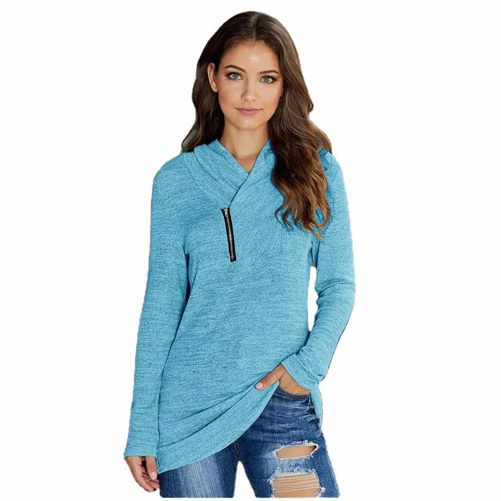 

shein European and American women's solid color stitching pullover long-sleeved zipper all-match high neck slim sweater