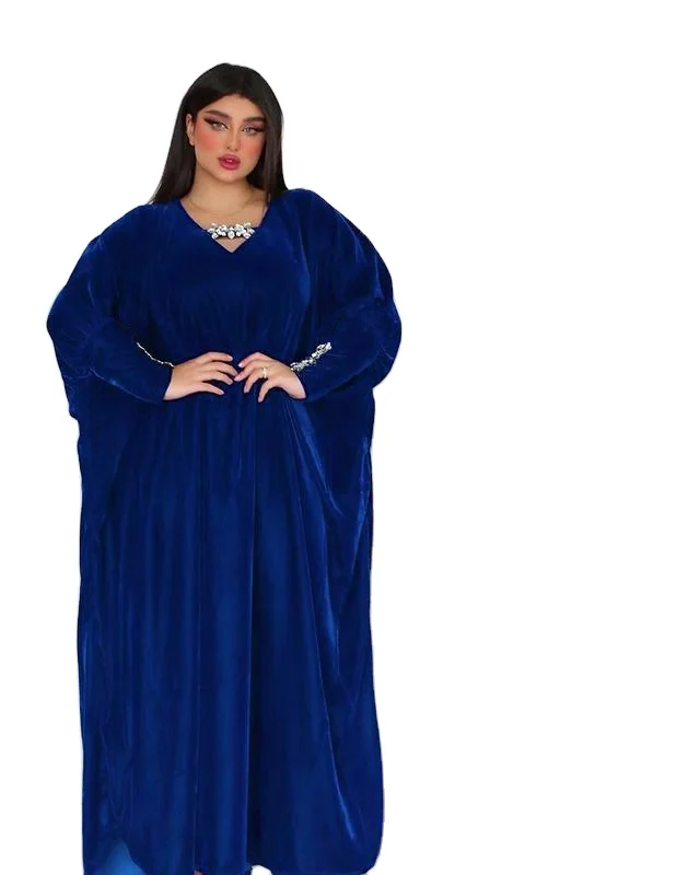 

Modest muslim robe dubai kaftan plus diamond velvet dress for women, Blue