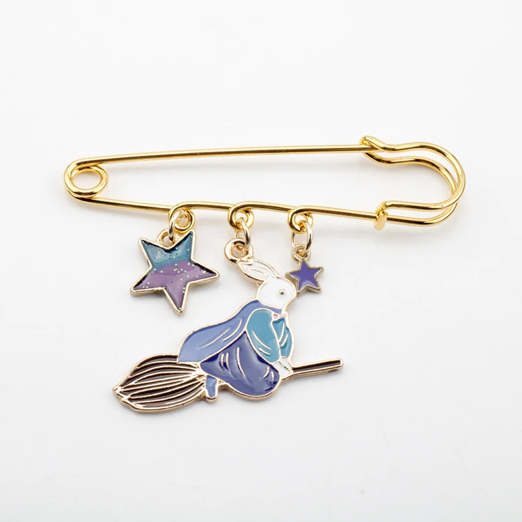 

Lovely cartoon gold baby animal fashion bunny rabbit star soft enamel charms safety pin brooch charms holder for girls women, Purple, blue