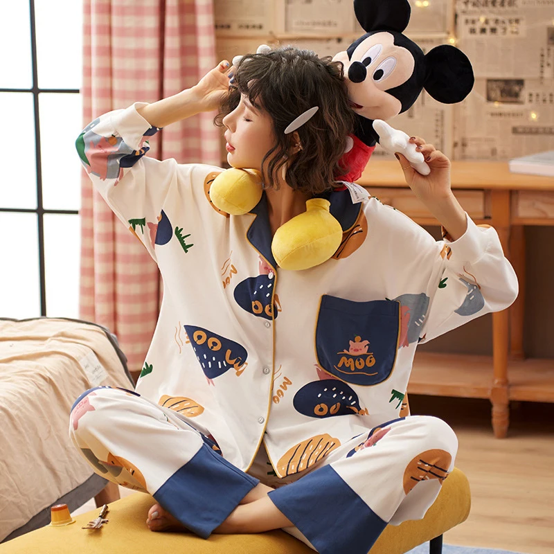 Pajamas Women 100 Cotton Long Sleeved Home Wear Korean Cute Cartoon