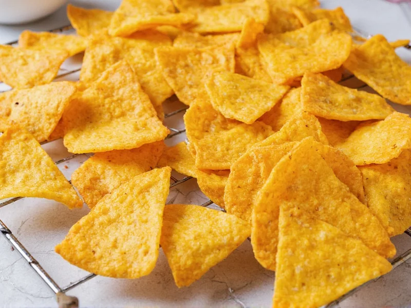 Golden baked nacho chips cooling on wire rack