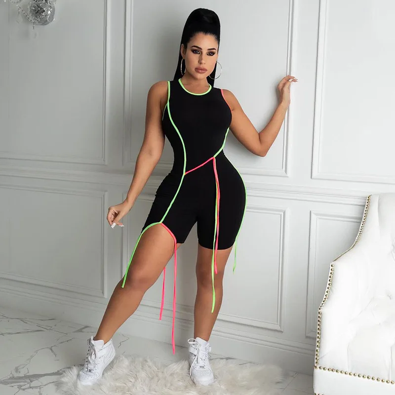 

Ribbons Solid Sleeveless Rompers Women 2021 Spring Elastic Casual Patchwork O-neck Playsuit Female Undefined Streetwear