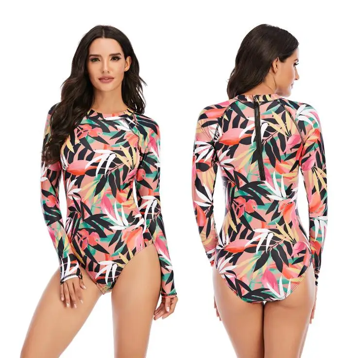 

Plus size long sleeve swimwear print one piece bathing suit woman diving suit 2021 new wetsuit surfing for women beachwear