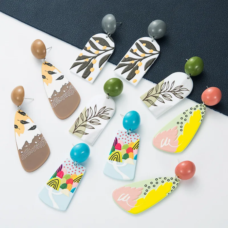 

Ins style fashion abstract art style printed resin geometric earrings female literary fan Bohemian earrings