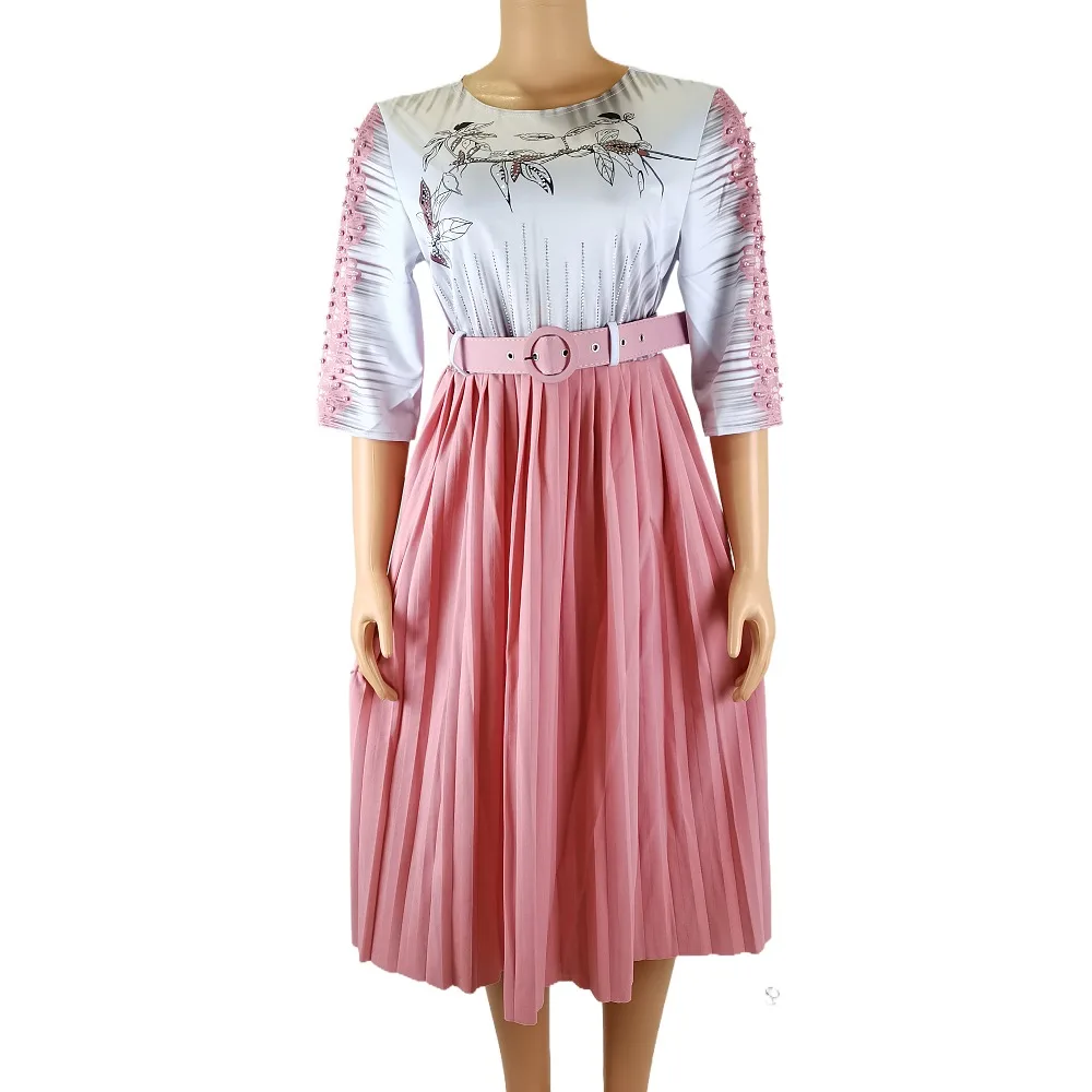 

Plus Size Women O-Neck Short Sleeve printing flower bead pearl decoration Pleated Mid-calf Length casual Lady Dress With Belt, Customized color