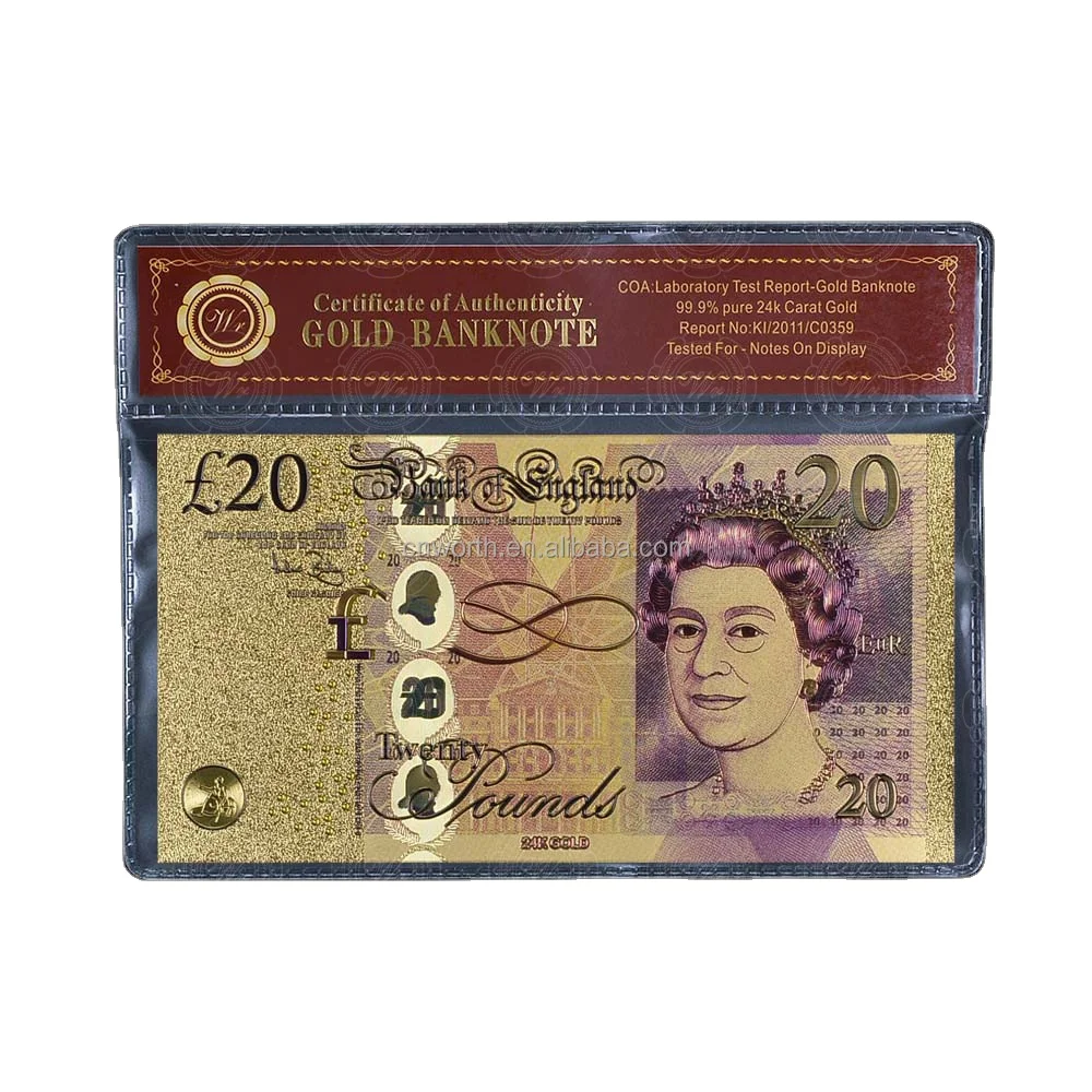 

Wr collectible 24k gold plated uk banknote colored 20 gbp currency paper note with frame, Can be gold or silver or colorful