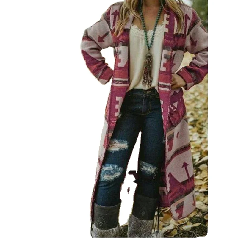 

Vintage Long Sleeve Floral Printed Tribal Aztec Style Cardigan Womens Coats Winter