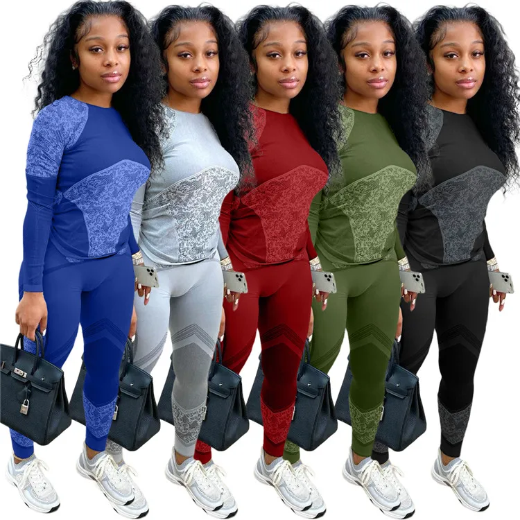 

EB-20112717 Ladies Gym Clothes Long Sleeve O Neck Patchwork Tops And Leggings Plus Size Winter Women Two Piece Set, Picture shows