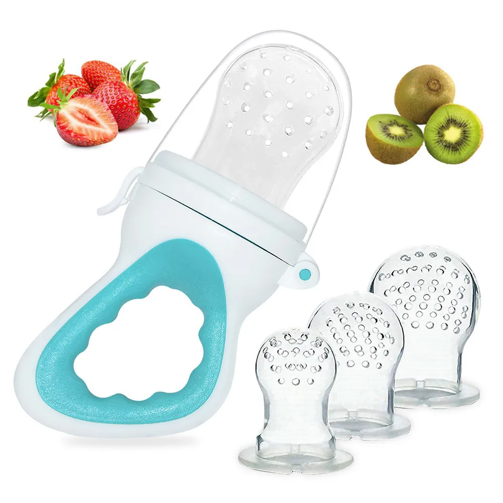 

BHD Infant Teething Toy Teether Baby Safely Self Feeding Fresh Fruit Pacifier Set BPA free Baby Fruit Feeder with 3 mesh Bags, Support customize color