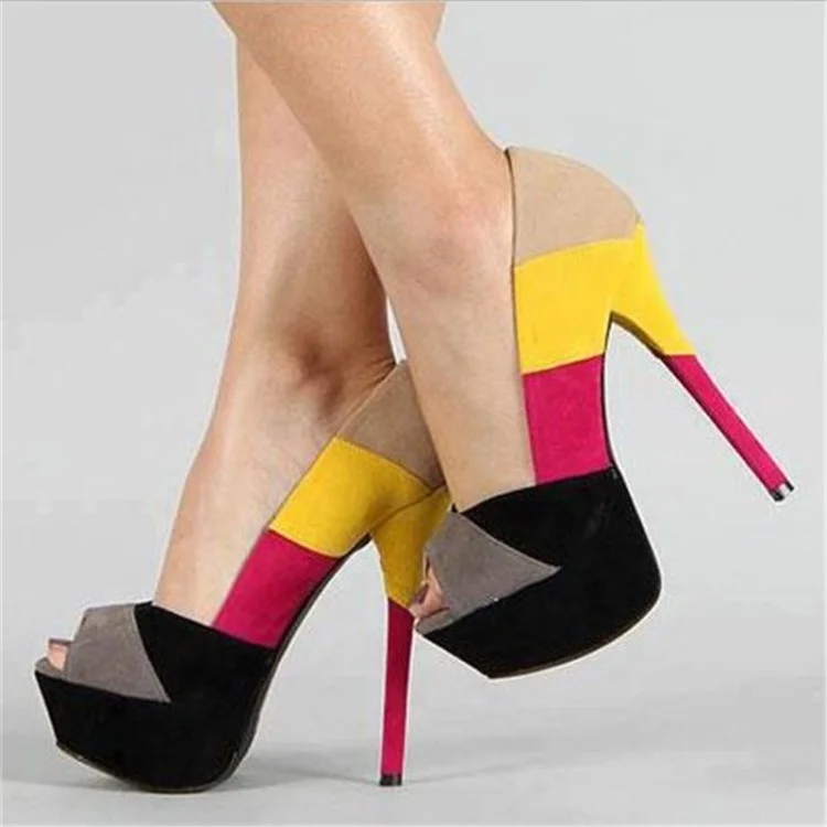 

Matching Color Round Open Toe Platform Slip-on Fashion Women Dress Shoes High Thin Heel Anti-slip Big Size 47 Pumps For Ladies, Black