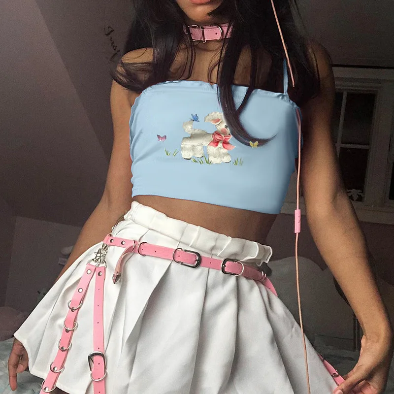 

Blingirl Sleeveless Animal Printing Strap Backless Crop Tank Sweet Top Sexy Bodycon 2021 Summer Fashion Girls Clothing, Blue