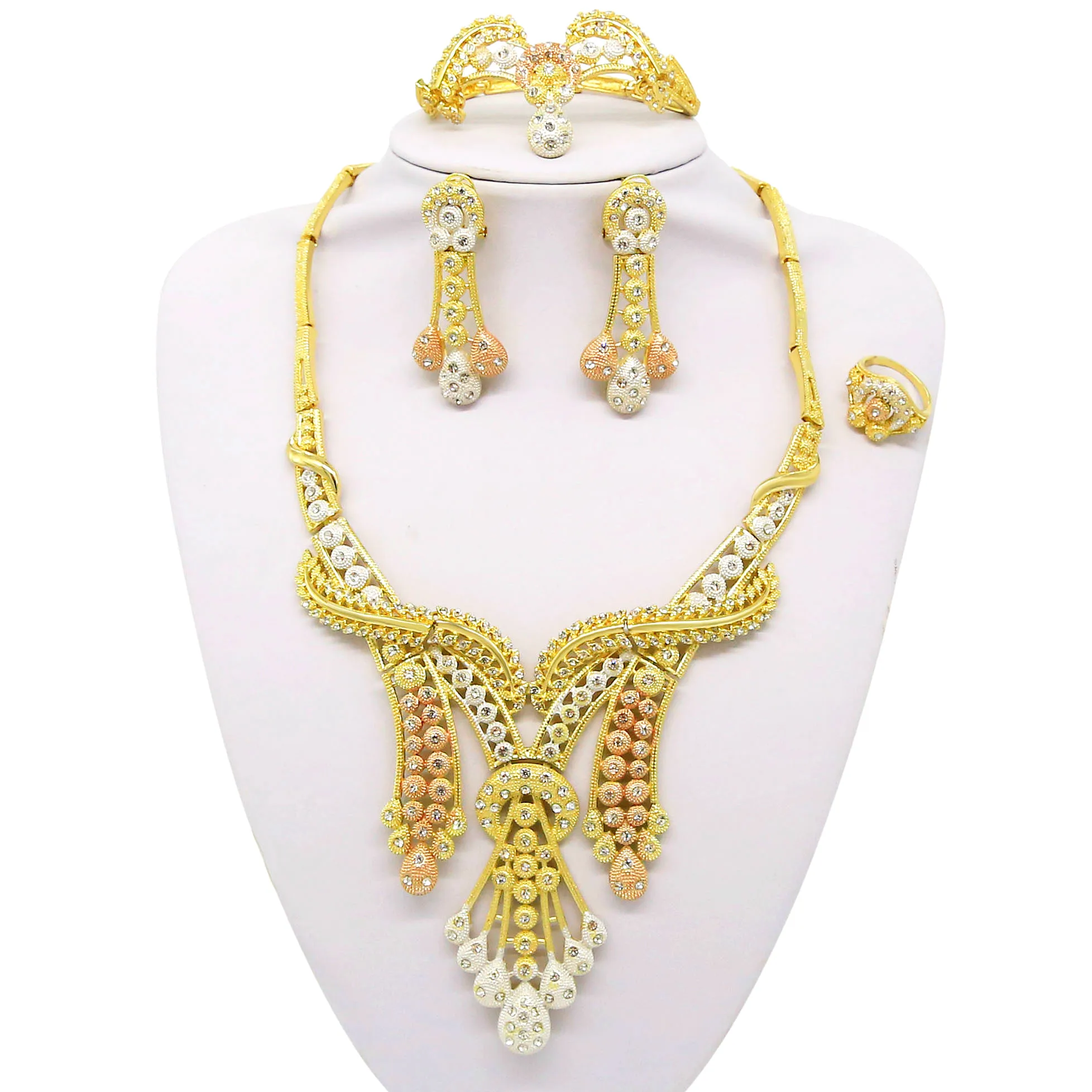 

2019 New Fashion Crystal Jewelry Set 18 K Gold Plated Jewelry Weddings Dubai Gold Necklace Set