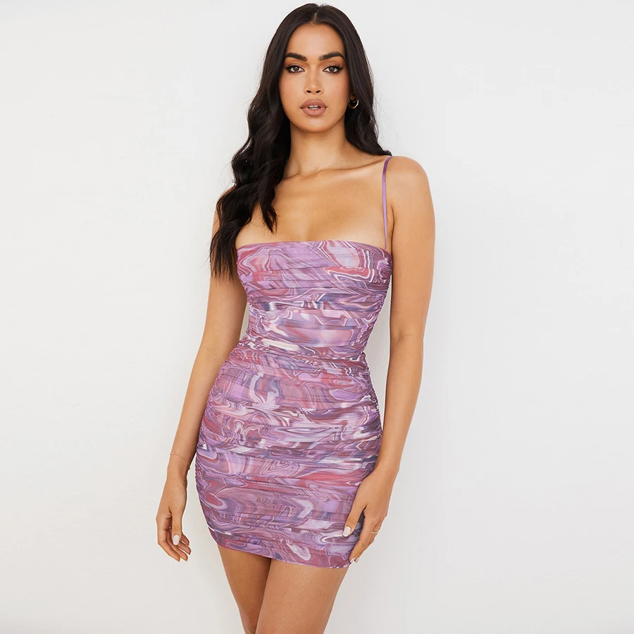 

Kliou K21D03484 Printed Spaghetti Strap Backless Dresses Women elegant Casual Dress