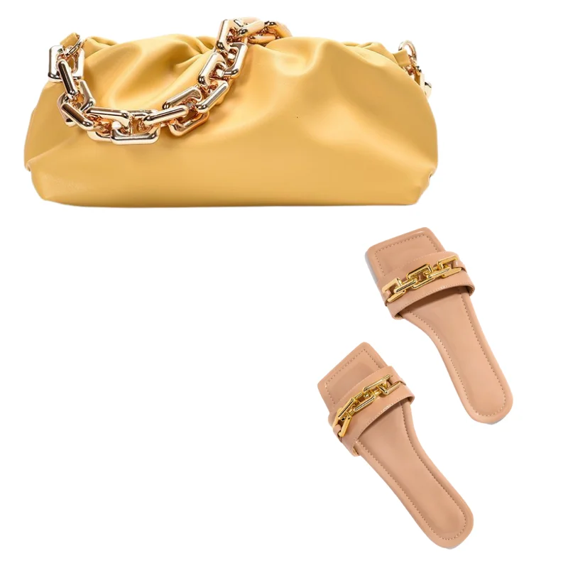 

2021 Women PU leather Handbags Shoes Sandal Bags Purses and Handbags with Slippers Big Metal Chain Cloud Bag Match Slides/, Black white purple yellow blue brown green