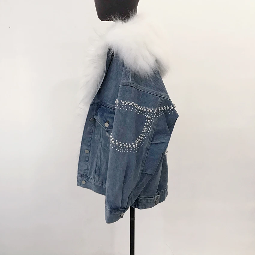 

Factory Price Real Raccoon Parka Collar Duck Down Parka Coat Casual Denim Fashion Real Raccoon Fur Parka