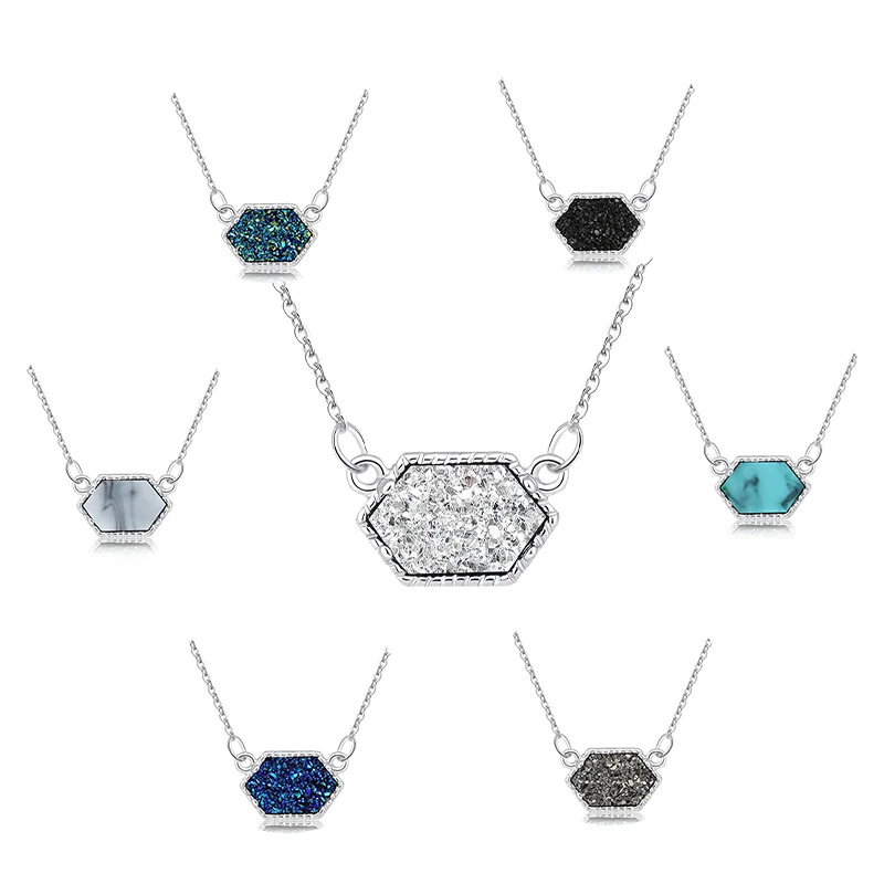 

Fashion Versatile Hexagonal 7 Colors Crystal Cluster Pendant Necklace Silver Plated Ladies Jewelry