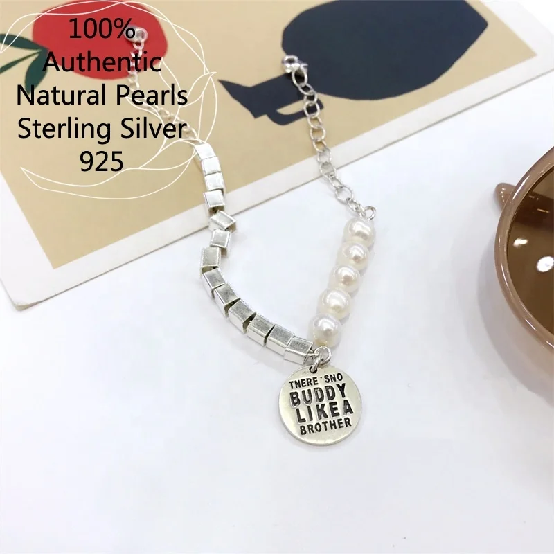 

Genuine 925 Sterling Silver Retro Bangle Natural Pearls Bracelets 6-8mm Jewelry Gift Fashion Buddy Likea Letter Bracelets 2021