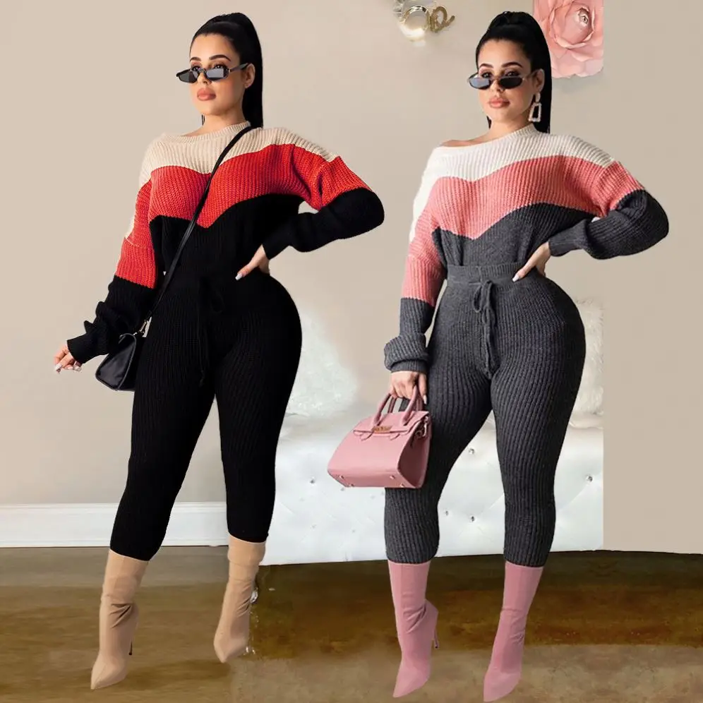 

2020 Custom Autumn Winter Clothes Color Block Plus Size Two Piece Women Sweatsuit Set
