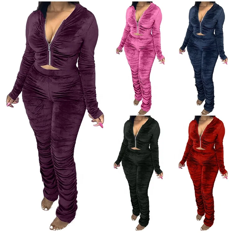 

Fall Outfits Velvet Joggers Plus Size Sweatsuit Hoodie Stacked Pants 2 Piece Set Women, Burgundy / purple / black / dark blue / pink / coffee