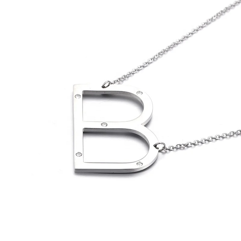 

EAST QUEEN JEWELRY Fashion Simple Korean Style Women 316L Stainless Steel Cubic Zirconia 26 Letters Pendant Necklace, Silver