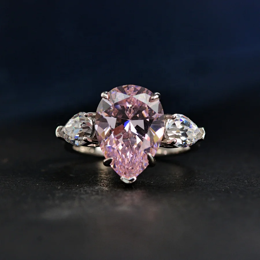 

Pear Pink Zircon Water Drop Platinum Plated Silver 925 Sterling 8A cz Diamond Ring 10*7 Three Stones 10 CT Wedding Ring