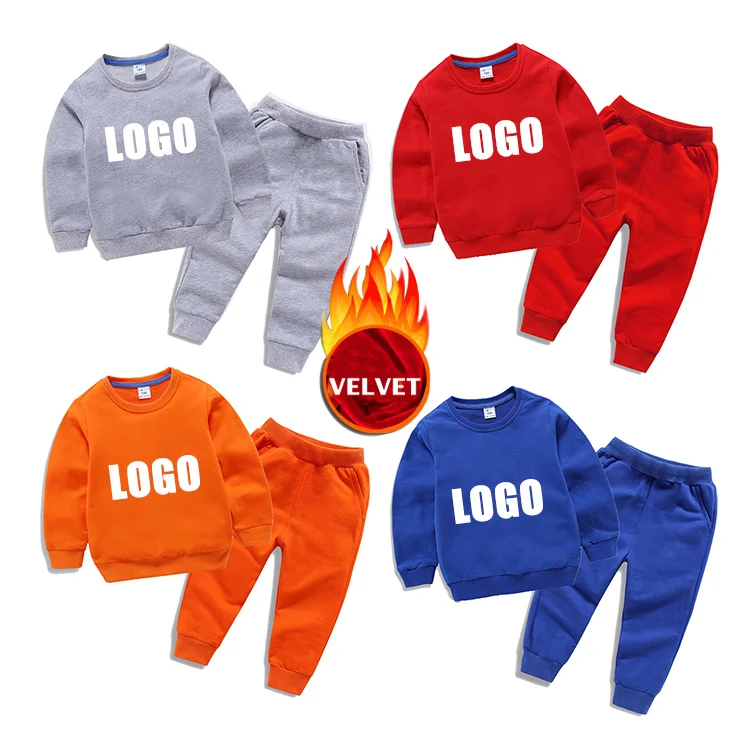 

Custom Kids Velvet Warm Winter Two Piece Set Girls Boy Clothes Set Solid Color Tracksuit Outfits Pullover Casual Sweatsuit, Customized color