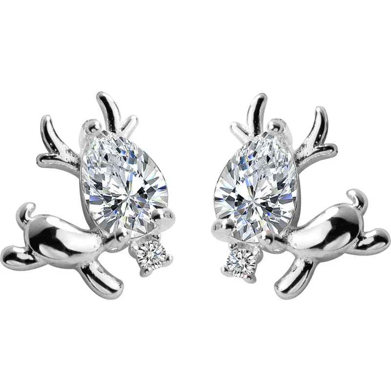 

G0371 925 Sterling Silver Cute Elk Animal Deer Stud Earrings austrian crystal christmas reindeer stud earrings