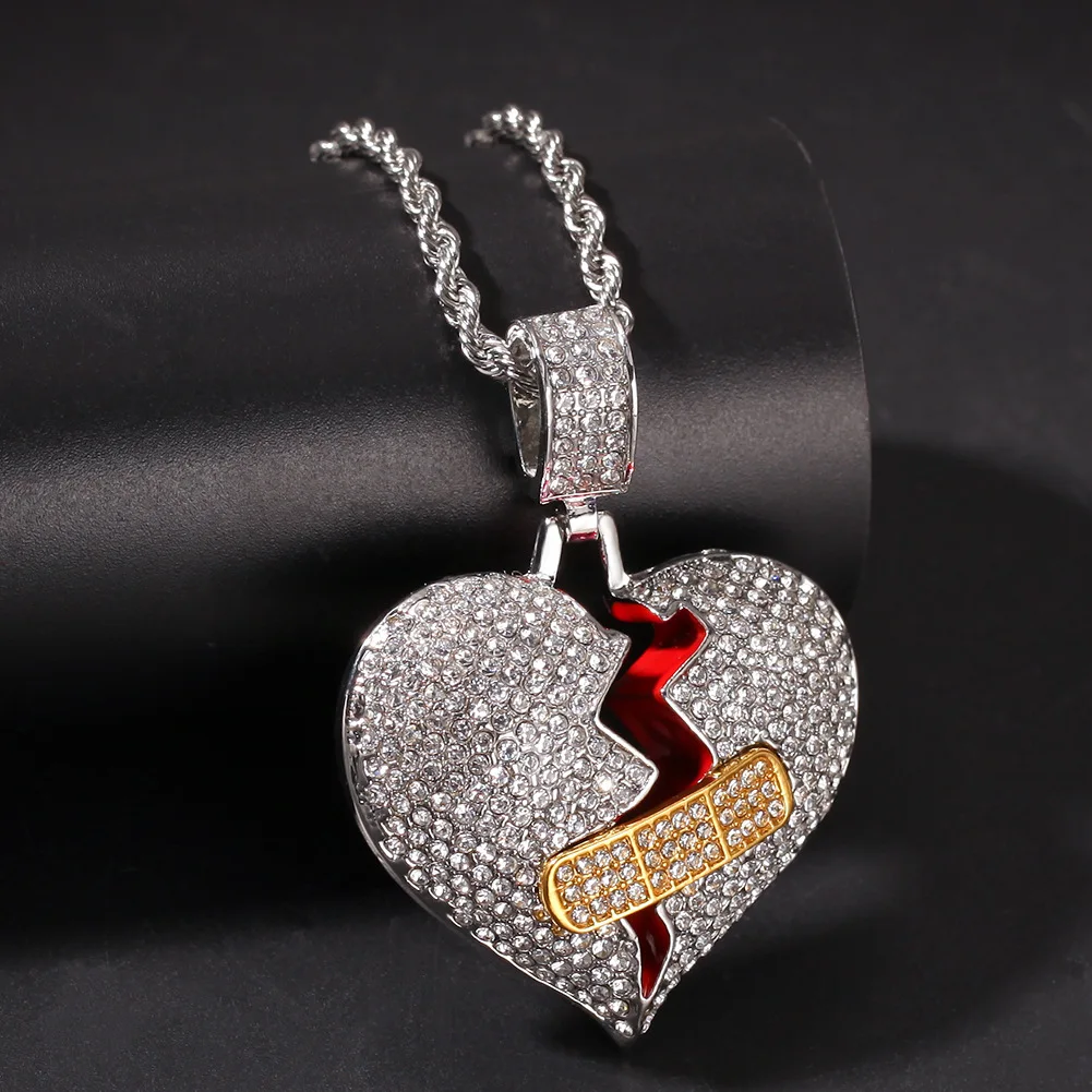 

Hip hop broken heart love diamond necklace pendant jewelry for women men girls gold silver necklaces chain, Silver color