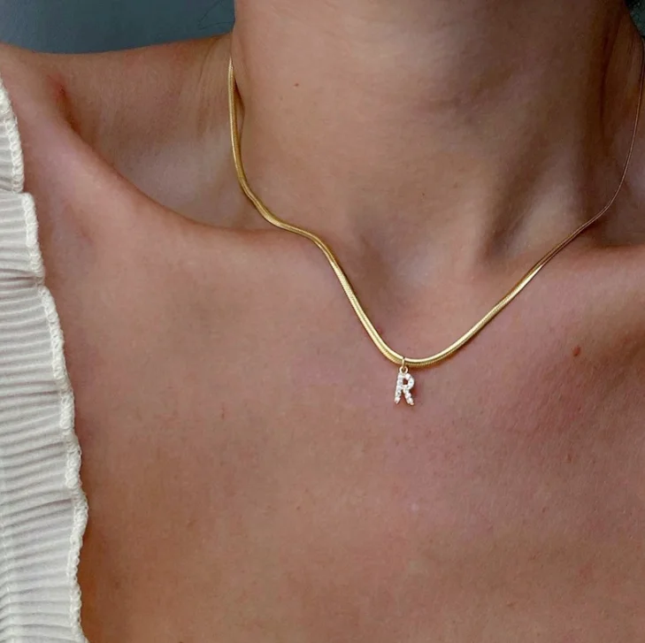 

Tarnish Free Stainless Steel Flat Snake Alphabet Charm Necklace Gold Plated Small Initial Letter Herringbone Chain Necklace