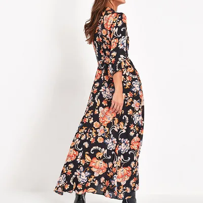 

Floral Print Long Maxi Dress Women Elegant Casual Turn Down Collar Shirt Dress Three Quarter Sleeve Bohemian Sashes Dresses