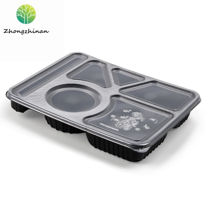 

6 compartment bento box fast food disposable plastic lunch box take away lunch box, Black base + transparent lid / all transparent