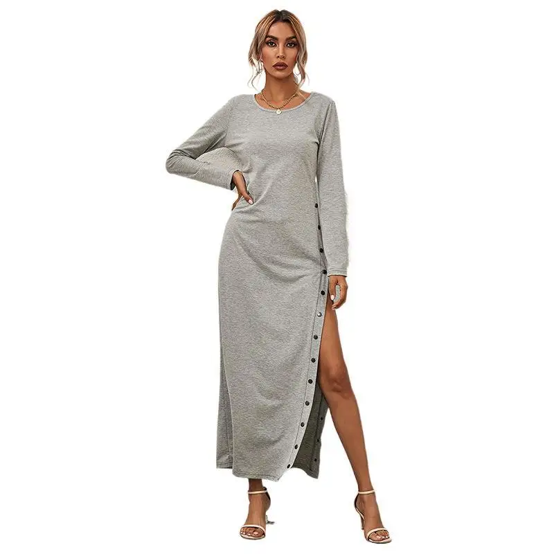 

Ladies Elegant Bodycon Solid Color Long Sleeve O Neck Button High Slit Casual Slit Maxi Dresses Women, Beige