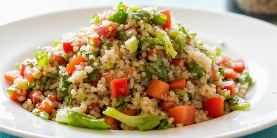 Preparation steps for tabbouleh couscous salad on a wooden counter.