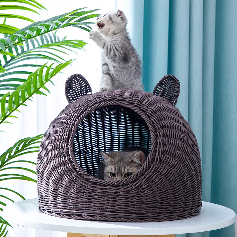 

2021 Summer Wholesale New Vintage Wicker Rattan Cat Bed Handwoven House for Cat Eco Friendly Pet Cave