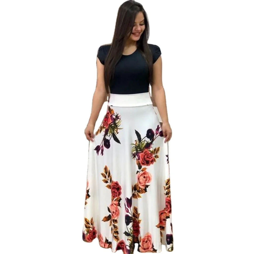 Summer Maxi Dress Slim Long Sleeves O Neck Floral Print