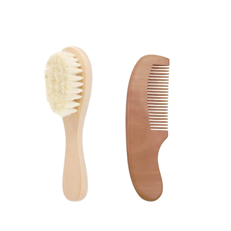 

Eco-friendly baby goat hair brush and comb soft wood baby hair brush set for baby, Natural