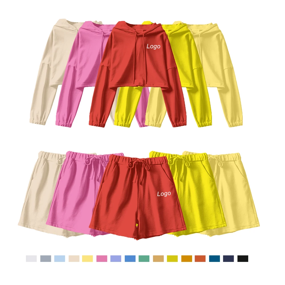 

2021 New Arrivals Color Matching Terry Cotton Unisex Custom 2 Piece Mens Shorts and Hoodie Set, Shown or customized