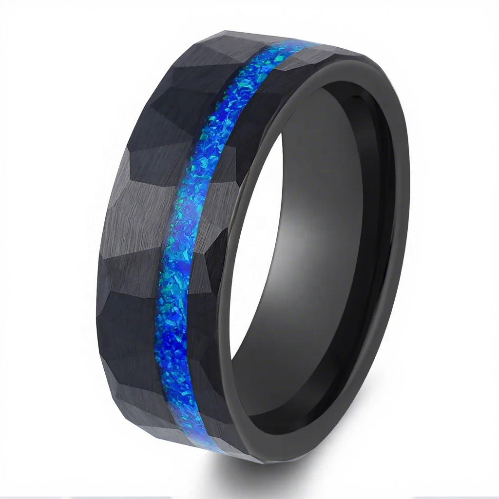 POYA 8mm Black Tungsten Ring Hammered with Crushed Blue Opal Inlay Comfort Fit for Men's Wedding Anniversary Bands