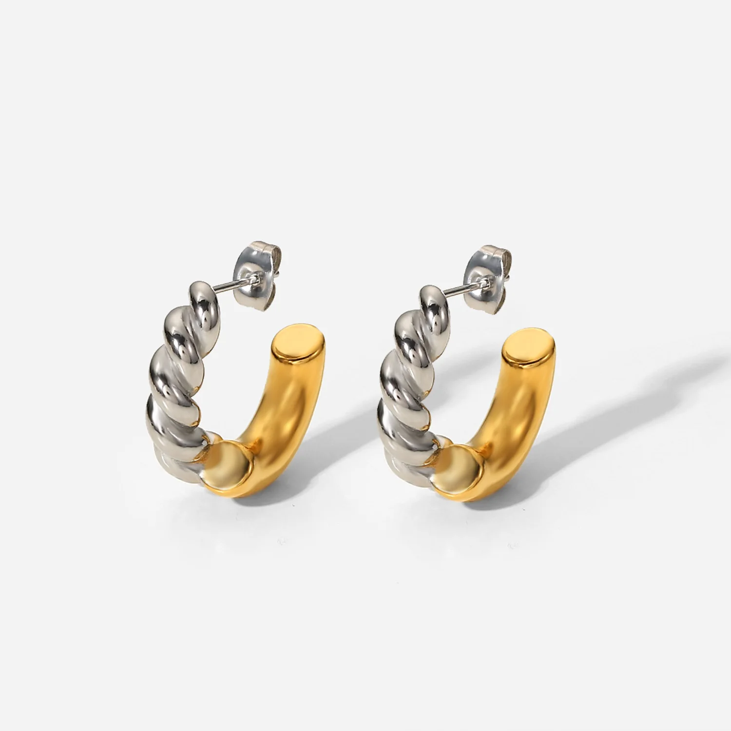 

18k Gold Plated Stainless Steel Upper Silver Lower Gold Twist Connected C- Shaped Earrings