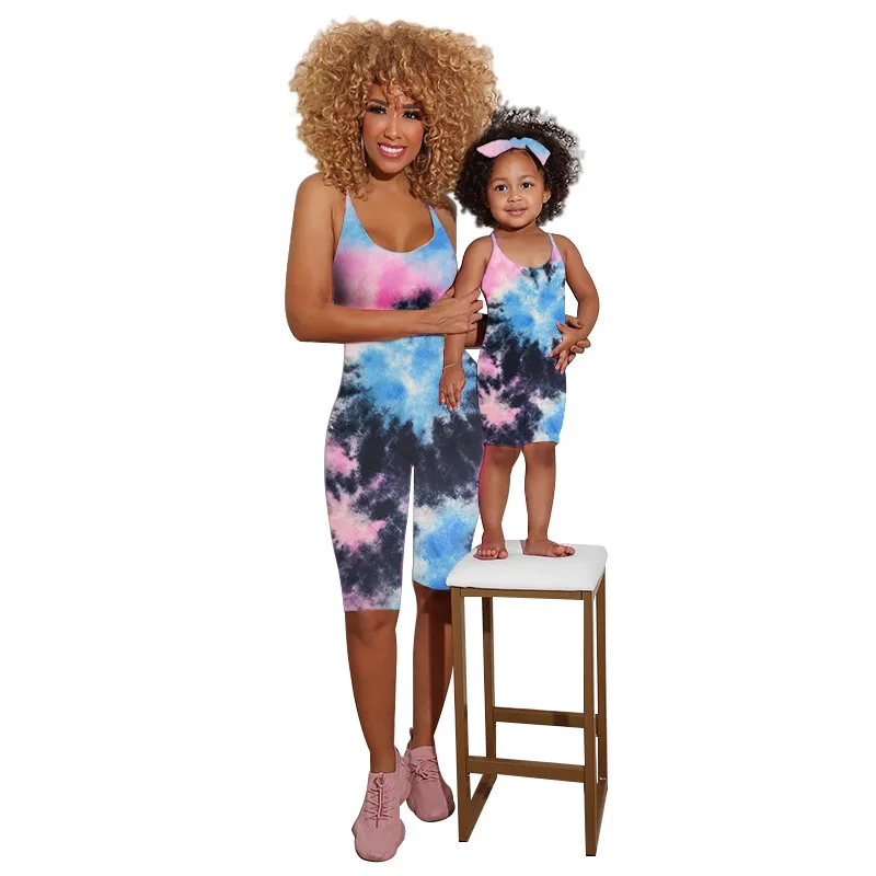 

2021 New Sling TIE DYE Mommy And Me Outfits Pajamas Family Kids Onesie Matching Parent-child Outfits One piece Jumpsuit, 3colors