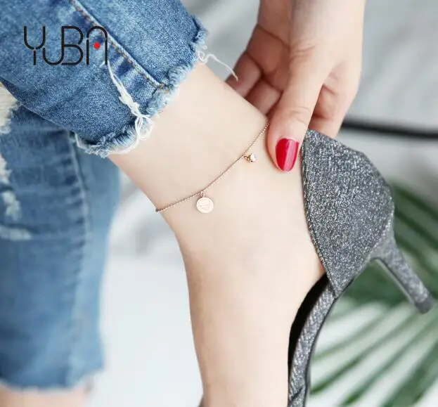 

Custom Engrave Design Letter Nameplate Disc Charm Anklet Bracelet Titanium Stainless Steel Beads Chain Letter Coin Foot Chain