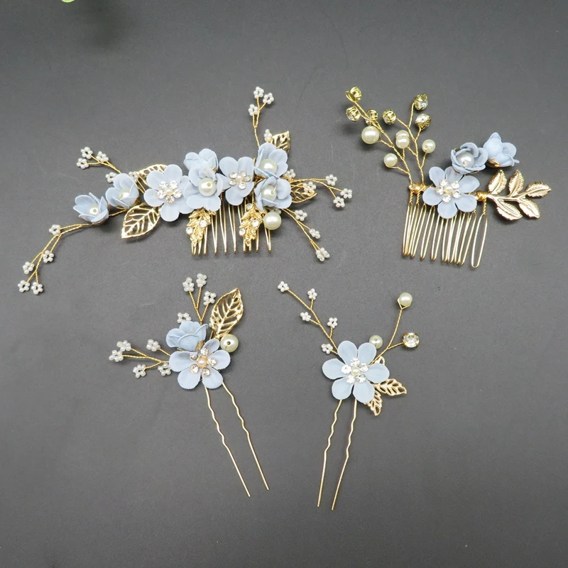 

Blue Flower Leaf Design Rhinestone Crystal Pearl Hair Comb Fairy Decorative Wedding Bridal Side Hair Comb Pins Headpiece Sets